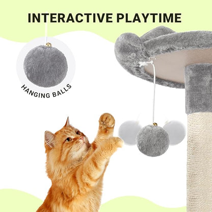 Allewie 64 Inches Cat Tree Tower/Multi-Level Activity Center for Indoor Big Felines/2 Plush Condos/2 Perchs/Basket/House/Sisal Scratching Posts/Hanging Cat Toys/Grey