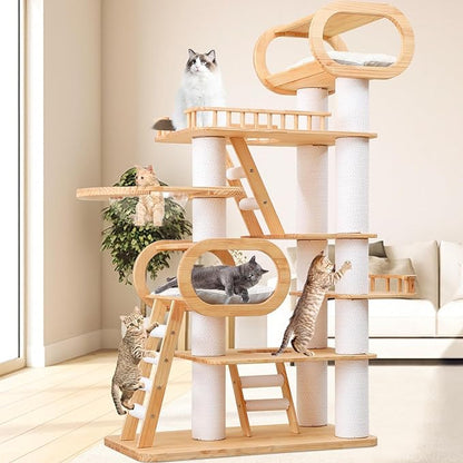 77‘’ Modern Cat Tree, Tall Wood Cat Tower for Indoor Cats Large Adult, Heavy Duty Cat Tree with Scratching Post, Luxury Kitty Condo, Sturdy Cat Furniture with 1 Transparent Bed and 3 Climb Labber