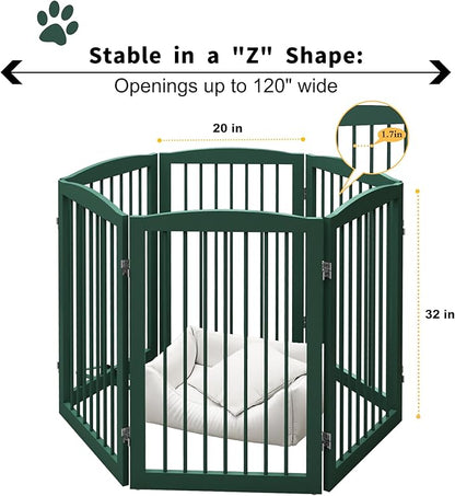 Freestanding Pet Gate for Dogs, Foldable Wooden Dog Gate for House, Extra Wide Indoor Pet Barrier for Stair, Doorway, Hall, Support Feet Included, 120 Inch Wide, 6 Panels 24",Green