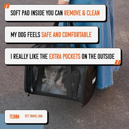 17.5" Pet Travel Carrier Bag - Collapsible Cat & Dog Carrier - Breathable, Durable & Spacious - Fits Small and Medium Pets up to 15lbs - Pet Travel Bag by Tebon
