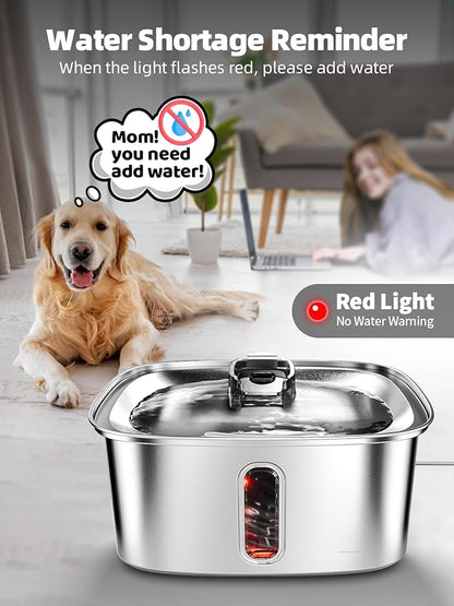 Dog Water Fountain for Large Dogs, 9L/2.4Gal Stainless Steel Dog Fountain with Water Level Window & Filtration, Automatic Pet Water Bowl Dispenser Indoor, Super Quiet for Multi-Pet