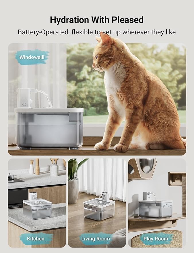 DownyPaws Battery Operated Cat Water Fountain, 84oz/2.5L Fursink Wireless Pet Water Fountain for Cats Inside, Automatic Dog Water Dispenser with Motion Sensor, Ultra Quiet Pump, BPA-Free, White