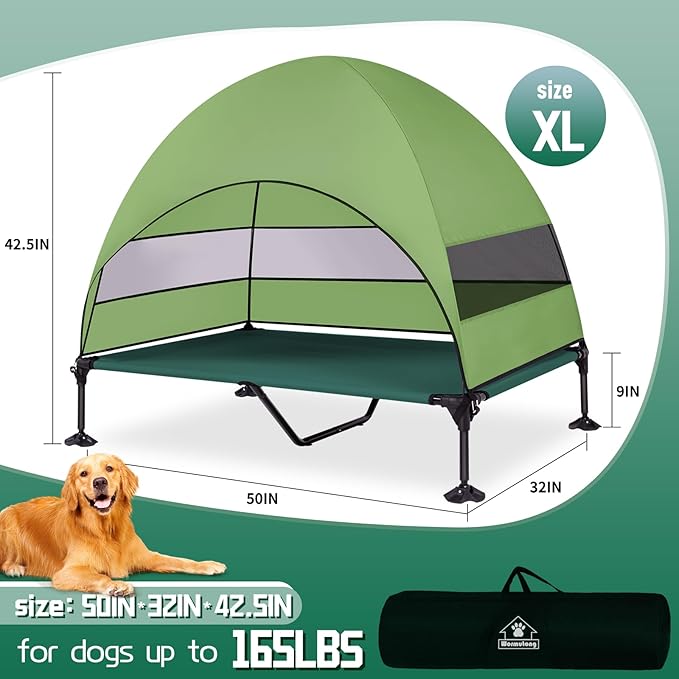 Elevated Outdoor Dog Bed with Canopy & Adjustable Feet - Larger Shade for Camping, Backyard & Patio