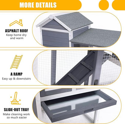 GEGURI Large Rabbit Hutch Indoor Outdoor Chicken Coop Wooden Bunny Cage with Waterproof Roof (48''L x 24''W x 36''H Grey)