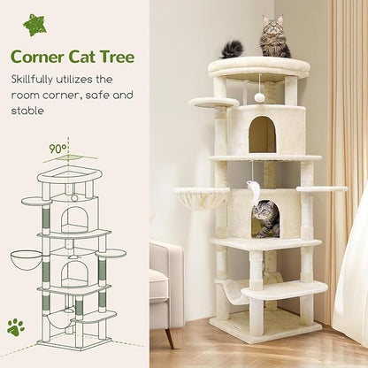 Globlazer Corner Cat Tree for Large Cats, 66inch Tall Curved Series Large Cat Tower for Multiple Indoor Cats with 6 Scratching Posts, 2 Spacious Cat Condos, Hammock, Hanging Basket, C66, Beige