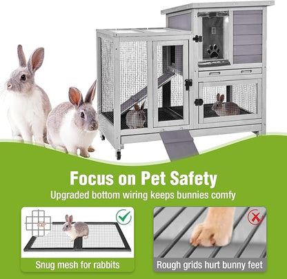 2-Story Rabbit Hutch Indoor Bunny Cage Outdoor Guinea Pig House with Wire Mesh Floor, Leak-Proof Trays, Lockable Wheels for Rabbits, Guinea Pigs, 40.6" L x 26" W x 37.6" H