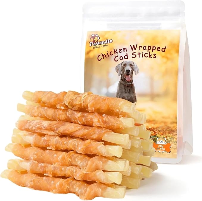 Dog Treats Chicken Wrapped Cod Sticks, Natural Chicken Cod Jerky Treats Rich in Omega-3, High Protein Chewy Training Treats Dog Snacks for Small Medium Large Dogs, 15-17 Counts, 10.6 oz