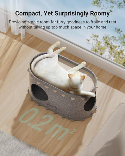 DownyPaws Cat House for Indoor Cats, Cat Bed Cave for Multiple & Large Cats Up to 22 Lbs, Scratch Resistant, Foldable Peekaboo Kitten Caves Tunnel Enclosed Bed, PeekaPurr, Light Gray