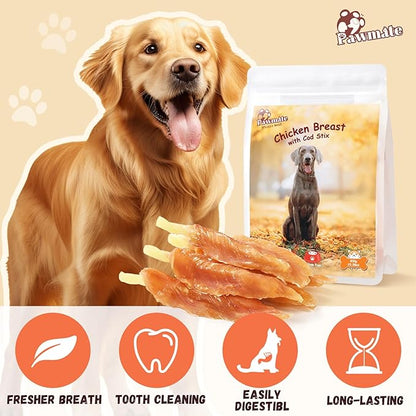 Dog Treats Chicken Tender Wrapped Cod Sticks, Rawhide-Free High Protein Dog Jerky Soft Chews, Healthy Training Snacks for Small Medium Large Dogs, 9-10 Counts, 10.6 oz