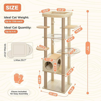 71" Tall Wood Cat Tree for Large Cats, Modern Cat Tower with 2 Acrylic Bowls, Large Top Perch, Spacious Cat Cave (Soft Cushion Included), 10 Sisal Scratching Posts and Non-Slip Jump Platforms