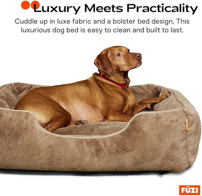 FUZI Luxury Aesthetic Dog Bed with Extra Cover for Medium Dogs, Washable Pet Couch, Pet Bed with Sides, Non-Slip Bottom, Soft & Durable Calming Bed, Faux Rabbit Fur, Medium 31.75x23.6x9.5 Light Brown