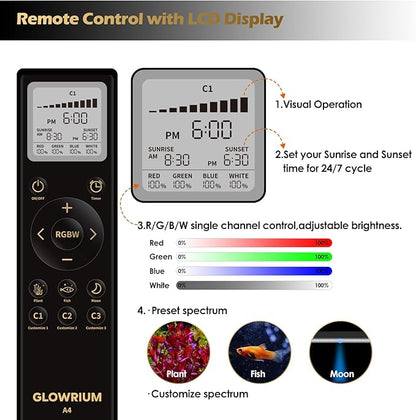 GLOWRIUM LED Aquarium Light with Remote, Full Spectrum Fish Tank Light with Auto Timer, IP67 Waterproof Freshwater Planted Tank Light, Dimmable RGB+W+Moon LEDs with High Performance (12W 18-23inch)