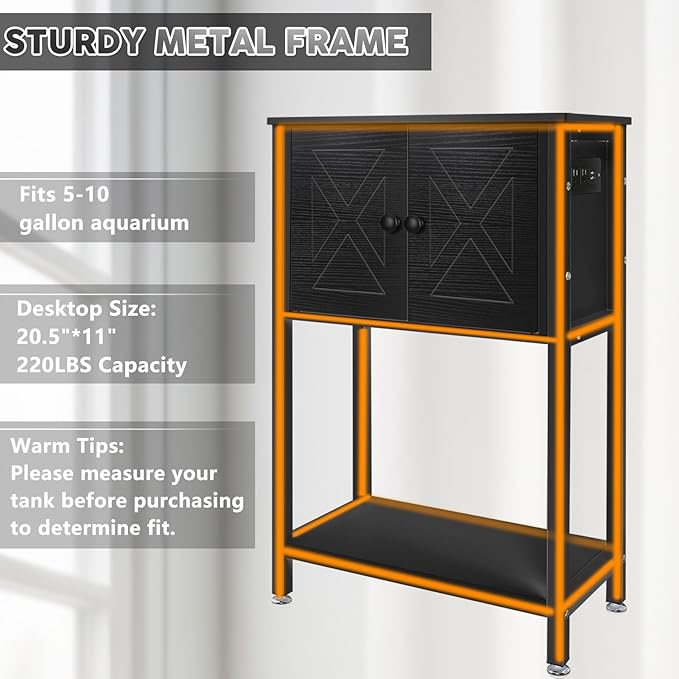 5-10 Gallon Fish Tank Stand, Heavy Duty Aquarium Stand with Cabinet & Power Outlets for Fish Tank Accessories Storage, Double Tank Stand 20.5" L* 11" W Tabletop, 220LBS Capacity Black