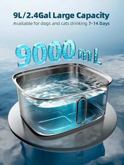 Dog Water Fountain for Large Dogs, 9L/2.4Gal Stainless Steel Dog Fountain with Water Level Window & Filtration, Automatic Pet Water Bowl Dispenser Indoor, Super Quiet for Multi-Pet