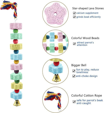 2 Pack Bird Chewing Toy, Colorful Parrot Beak Grinding Calcium Stone with Bells, Cage Accessories for Cockatiels Parakeets Parrots Budgies Lovebirds Rat Hamster Chinchilla Rabbit Bunny African Grey