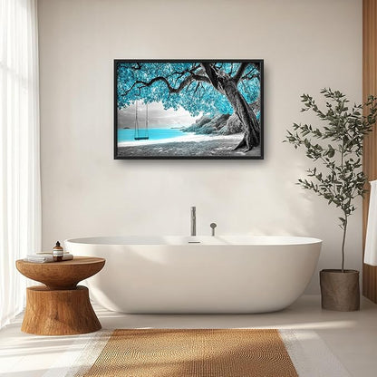 Extra Large Framed Abstract Tree Wall Art,Black and White Tree of Life Wall Decor,Blue Teal Sea Pictures for Living Room,Canvas Print Painting Modern Artwork Bedroom Office Bathroom 36L x 24W