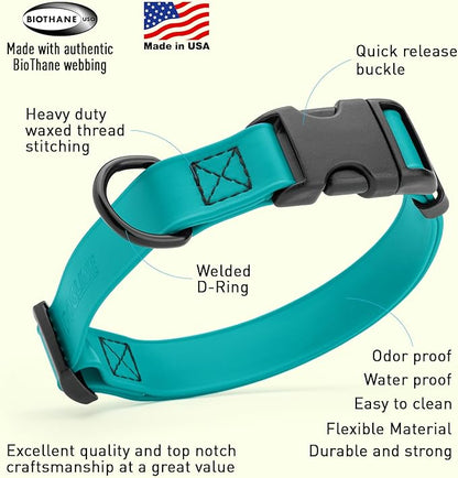 Dogline Biothane Waterproof Dog Collar with Quick Release Buckle Strong Coated Nylon Webbing with Odor- Proof for Easy Care Easy to Clean Fits Small Medium Large Dogs, Teal 5/8" W 9-14" L