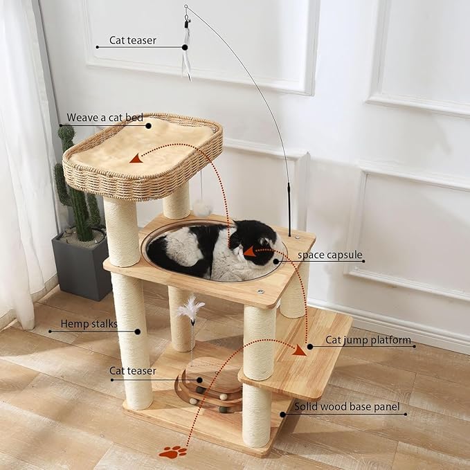 34 Inch Solid Wood Cat Tree Tower with Space Capsule, Hand-Woven Basket Nest, Feather Toy, Hanging Balls, Sisal Posts, 4-Tier Indoor Climbing Cat Tower for Kittens