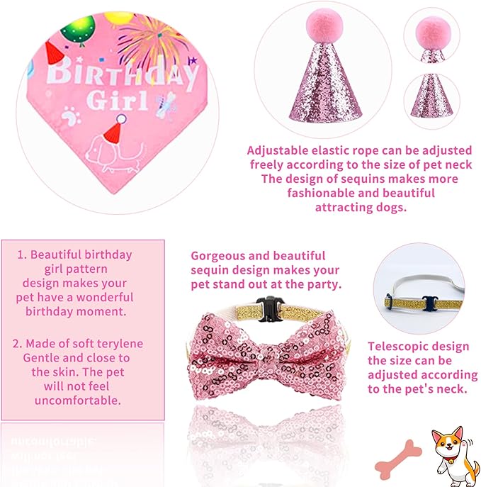 Dog Party Supplies Decorations - Cute Bandana, Let's Pawty Banner, Cake Topper, Hat, Pink Bowtie, Tutu Skirt, Paw Balloon for Birthday Celebration