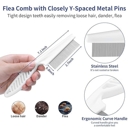 5 in 1 Dog Grooming Kit - Self-Cleaning Slicker Brush for Shedding Short Long Haired Dogs & Cats, Includes Pet Comb, Flea Comb, Bath Brush, Undercoat Rake - Complete Fur Care Set - Gray