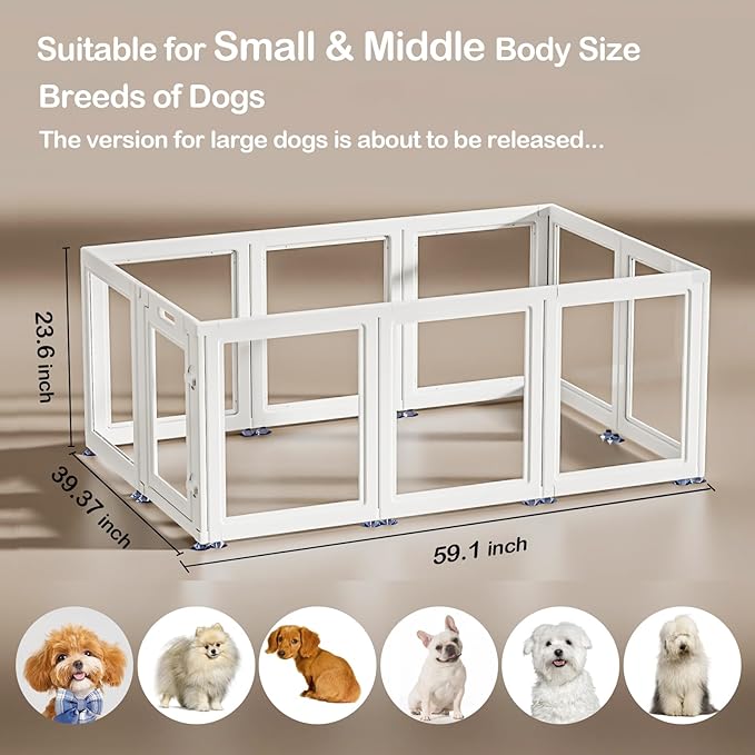 Dog Playpen Transparent Puppy Playpen Indoor, Easy Assemble & Disassemble Clear Pet Playpen, Sturdy & Easy Cleaning Plastic Dog Fence with Suction Cup (23.6"" H, 10PCS), White