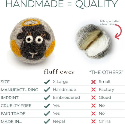 Fluff Ewes Wool Dryer Balls 6 Pack Premium New Zealand Wool Laundry Balls for Dryer, No Static Dryer Balls Laundry Reusable, XL Christmas Dryer Balls, Holiday Dryer Balls - Sheep in Heavenly Peace