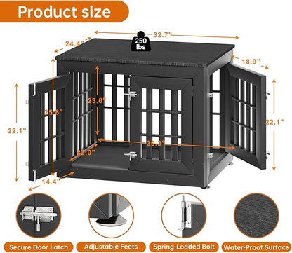 32" Heavy Duty Dog Crate Furniture for Small,Medium and Large Dogs,Rustic Wooden Dog Cage Kennel Indoor Furniture with Waterproof Top,Decorative Pet House Side End Table (Black)