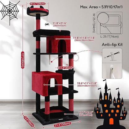 Globlazer Heavy Duty Gothic Cat Tree, 72in Large Cat Tower with Coffin Bed, Sturdy Maine Coon Cat Tree for Large Cats 20 lbs+, Medieval Castle Style with 6 Scratching Posts & Hammock, S72, Black & Red