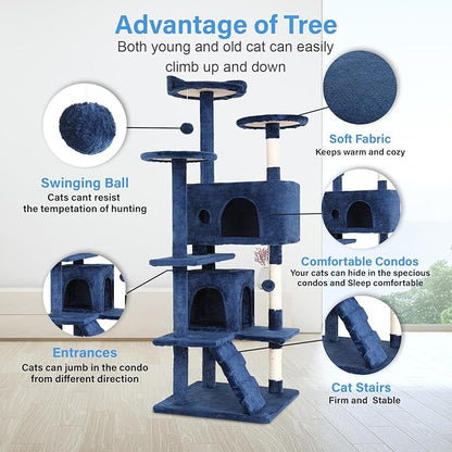 FDW Cat Tree 54in Cat Tower Multi-Level Durable Cat Scratching Post & Cozy Fun Cat Jumping Platform Space Saving Cat Condo Pet Play House for Indoor Cats,Navy Blue