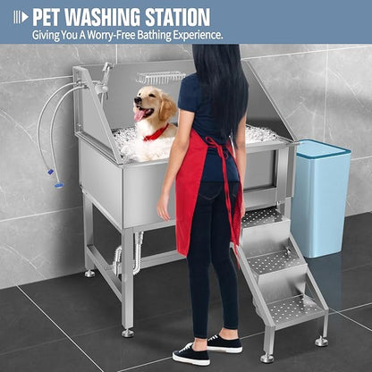 38" Dog Washing Station, Professional Stainless Steel Dog Bathing Station, Equipped with Three Anti-Slip Steps, Removable Door, Upgraded Spray Nozzle&Hose - Ideal for Home, Pet Grooming Salon,R-RAMP
