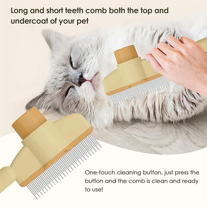 Flea Comb for Cat Hair Removal Comb, 2025 New Self-Cleaning Flea Brush for Cats and Dog, Comfort Cat Hair Removal Tool with Long & Short Stainless Steel Metal Grooming Brush(Yellow)