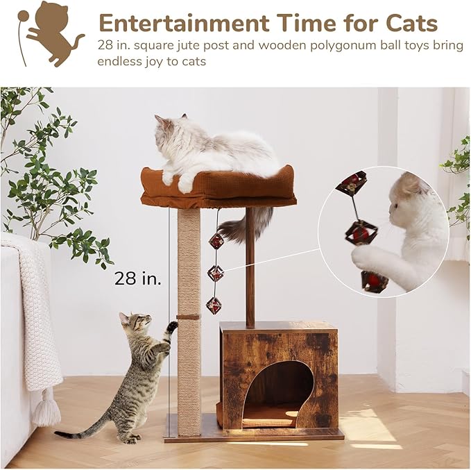 FUKUMARU Cat Scratching Post, Modern Style Cat Tree with Unique Square Post, Wooden Cat Tower with silvervine Balls, Retro Cat Condo Scratcher for Indoor Cats（Solid Wood）