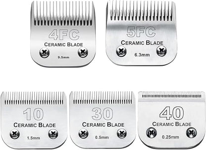 5PCS 10 Blades Dog Grooming Replacement Blades Compatible with Andis Pet Clipper/Oster A5/Wahl KM Series Dog Clipper,Ceramic Blade & Stainless Steel Blade, Size ：#10+30+40+5FC+4FC