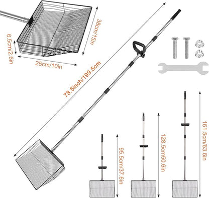 15 inch Large Chicken Poop Scooper with Ergonomic Grip, 6 in 1 Detachable Chicken Scooper for Poop Shovel (20 to 79"), Stainless Steel Sifting Shovel for Chicken Coop/Goat Stall/Stable Cleaning Tool