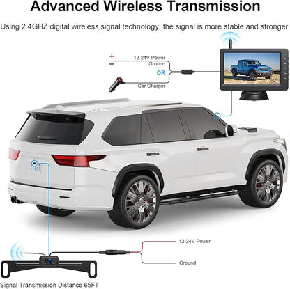 Fookoo HD 1080P 5-inch Wireless Backup Camera, 5" Split Screen Monitor Rear View Licence Plate Camera, DIY Guide Lines Wide Angle IP69 Waterproof Easy to Install for Car Pickup Van SUV - DW5CT