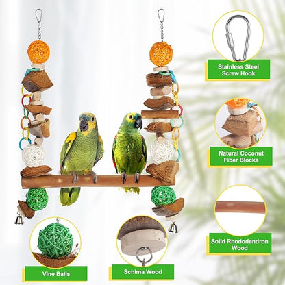 3-in-1 Parrot Toys Natural Coconut Fiber Parrot Hammock (Swing + Perch + Chew Toy) Natural Bird Perches for Medium Large Birds - 23" Bird Toys for Parrots Stand