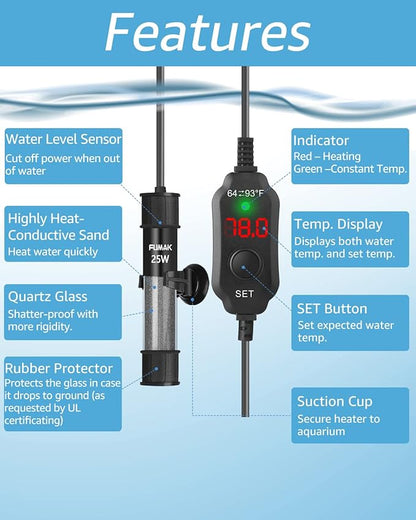 25W Adjustable Aquarium Heater Super Short Submersible Fish Tank Heater Fish Heater with LED Digital Display Thermostat, for Tanks 3-5 Gallons