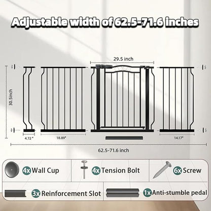 62.5"-71.6" Extra Wide Baby Gate for Doorways No Drill, Pressure Mounted Dog Gate Indoor, Walk Thru Pet Gate for Cat Dog Child,Pet Gates for The House Doorway Black