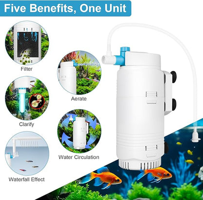 Aquarium Filter with U-V Light & Timer for 4–40 Gallon Fish Tanks, Submersible Internal Filter with Flow Control, Sponge Filtration & Aeration, Quiet Power Pump for Freshwater Saltwater Tanks