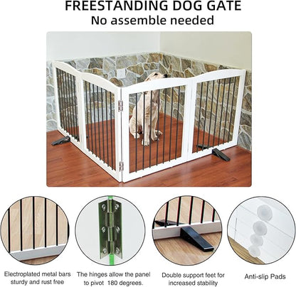 Freestanding Panel Dog Gate for Indoor, Doorways, Stairs, or Hallways - Foldable Wooden Pet Fence With Support Feet - 24" Height, 4 Panels, White