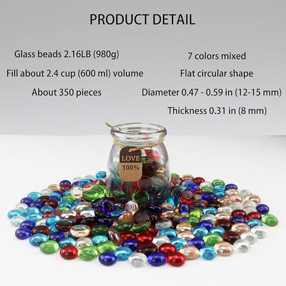 2.16LB Glass Beads Mix Colors Vase Filler Aquarium Gravel Decor Flat Glass Marbles Gems Pebbles Fish Tank Rocks Home Decorative Art Craft - 7 Colors Mixed
