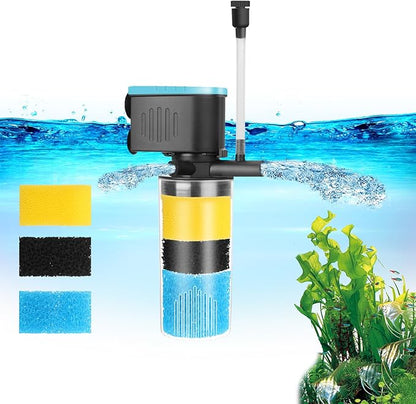 Aquarium Filter 3-Stage in-Tank Filter, Small Internal Fish Tank Filter, Submersible Pumps Filter for 5-20 Gallon Tanks, Turtle Tank Filter, with Dual Water Outlet & Aeration