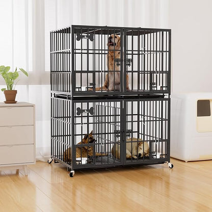 aboxoo 42 inch Stackable Heavy Duty Metal Dog Crate for 4 Dogs/Large Dog,All Metal Open Top Access,Escape Proof Cage,Dog Kennel Indoor with Wheels,Floor Grid, Tray, Divider and Feeding Bowl