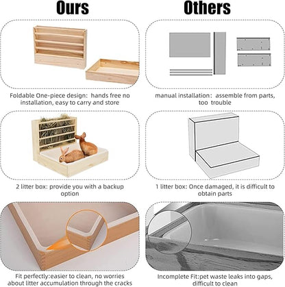 2 in 1 Wooden Rabbit Hay Feeder Box Safe Bunny Feeder Manger Grass Food Holder Rack Hay Holder with Toilet Rabbit Hay Feeder with Litter Pan Designed for Rabbits Guinea Pig Hamster Small Animals