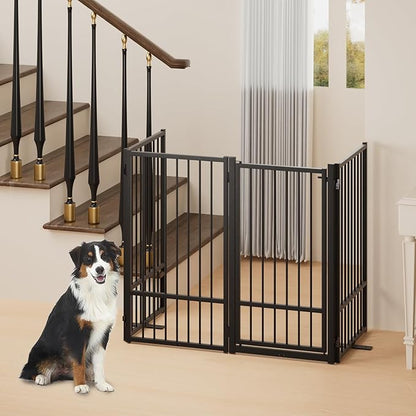 Full Metal Freestanding Dog Gate with Door, 36''Height Foldable Pet Dog Fence for Indoor & Outdoor, 4 Panels Extra Wide Free Standing TallDog Gates for Doorways,House,Stairs,Porch,Deck,Yard