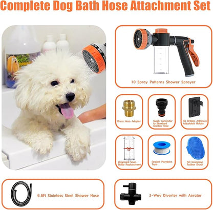 Dog Washing Hose Attachment for Pet Bathing with Black Shower Diverter, Pup Dog Wash Hose Nozzle Shampoo Sprayer for Indoor Outdoor Pet Shower, Dog Shower Attachment with Dog Brush