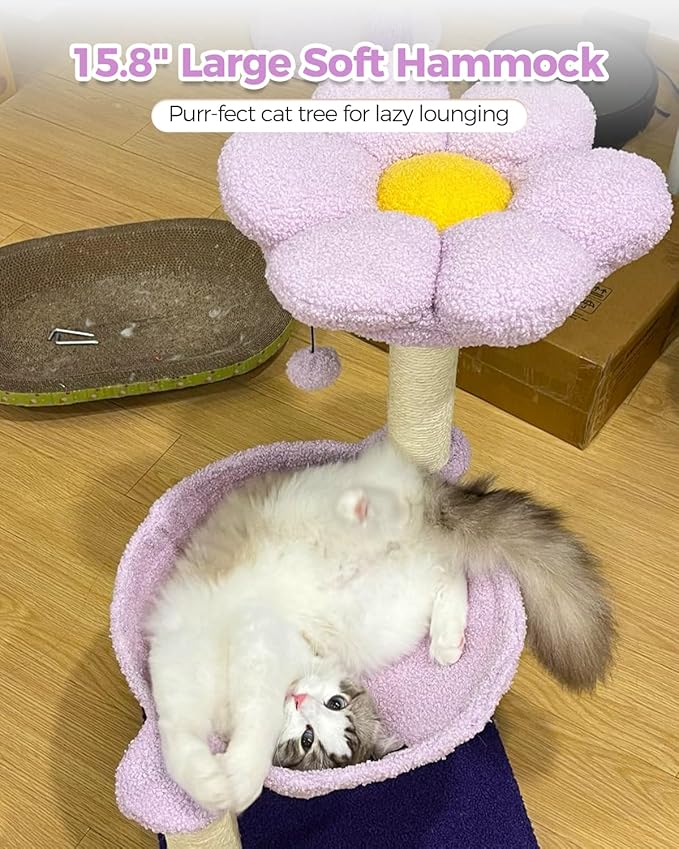 Flower Cat Scratching Post, 28" Cute Cat Tree Tower for Indoor Cats with Large Hammock Soft Perch Bed, Replaceable Toy Ball for Kittens, Purple