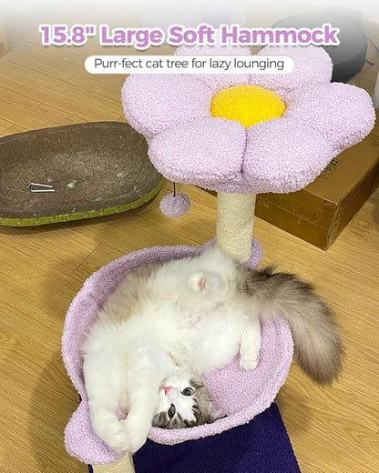 Flower Cat Scratching Post, 28" Cute Cat Tree Tower for Indoor Cats with Large Hammock Soft Perch Bed, Replaceable Toy Ball for Kittens, Purple