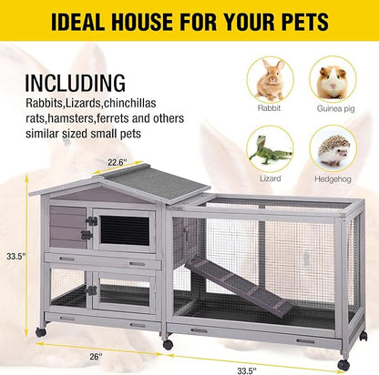 Aivituvin Rabbit Hutch Outdoor Rabbit Cage Indoor with Casters Bunny Cage Chikcen Coop for Small Animals with Pull-Out Tray(Grey)