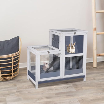 2-Story Guinea Pig Cages Wooden Indoor Rabbit Hutch Hamster Cage with Openable Roofs, Removable Tray and Wide Ramp, Small Animal Habitats for Hamsters, Guinea Pig, Ferrets, Hedgehog